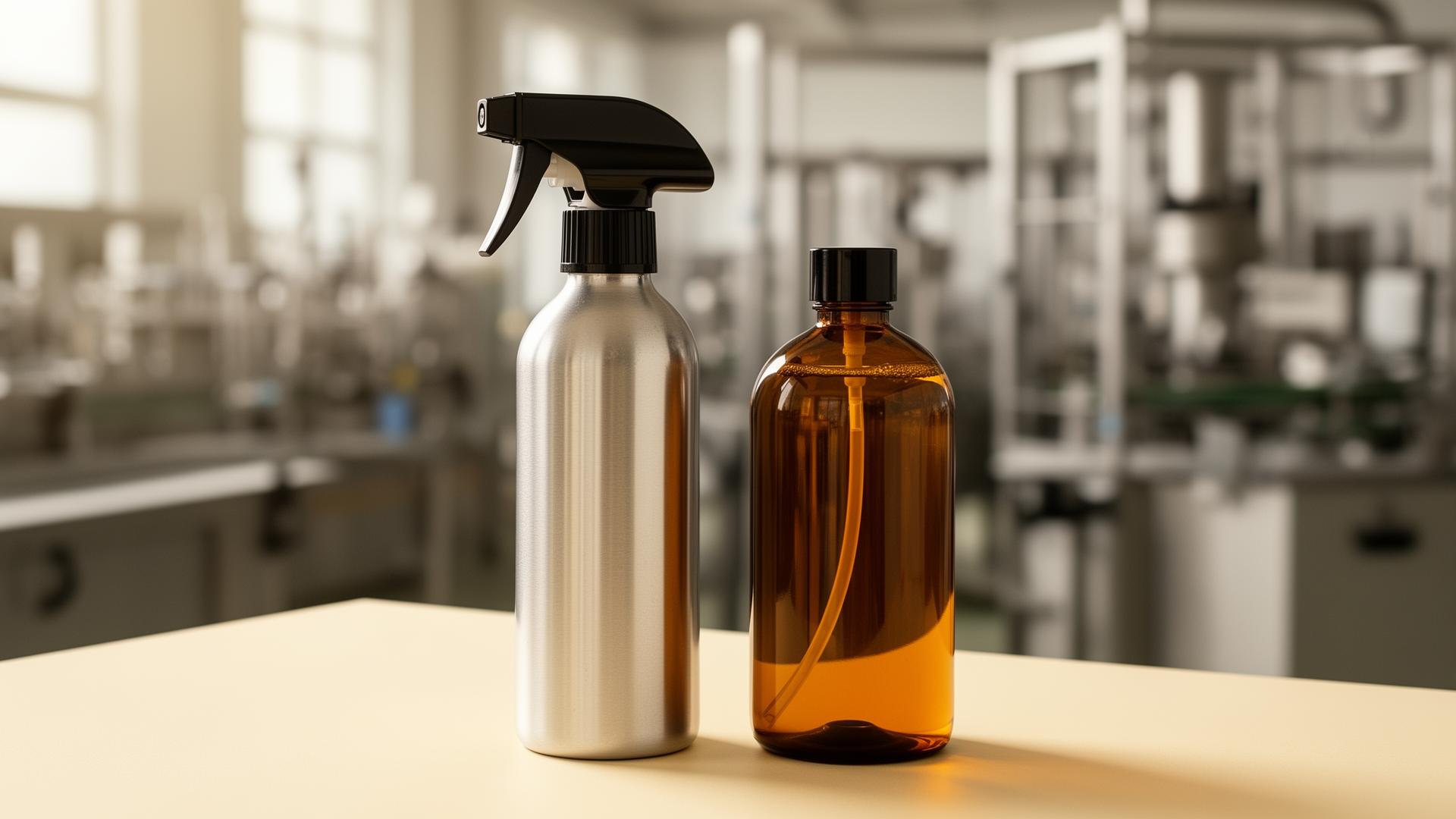 Aluminum and glass cleaning bottles in a SaraWest manufacturing facility