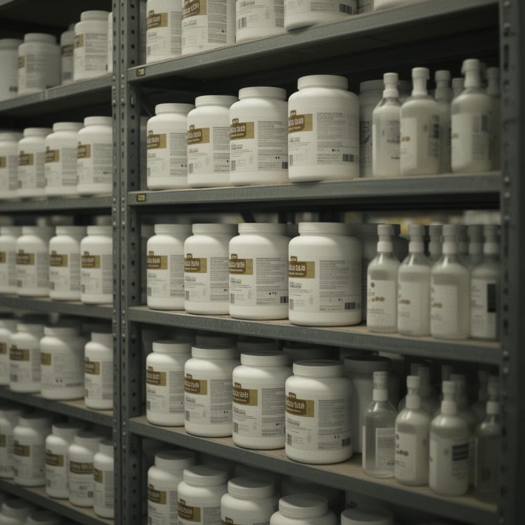 Rows of identical product containers on industrial shelving